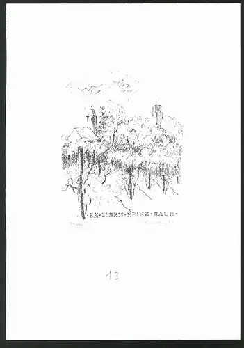 Exlibris von Zdenek Rumler für Heinz Baur, Bäume am Ortsrand mit Kirche und Burg
