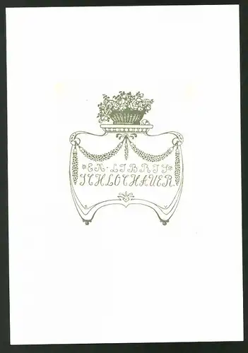 Exlibris von Viktor Belanyi für Schlochauer, Blumenkorb und Ornamente, grün