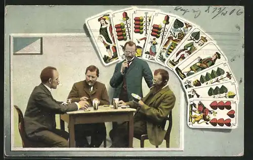 AK Drei Männer beim Kartenspiel und ein interessierter Zuschauer, Hand beim Skat