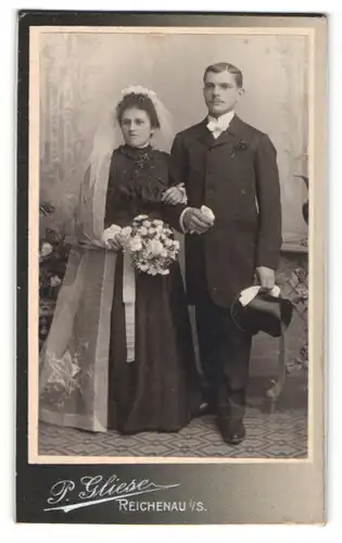 Fotografie P. Gliese, Reichenau i/S, Portrait Braut und Bräutigam, Hochzeit