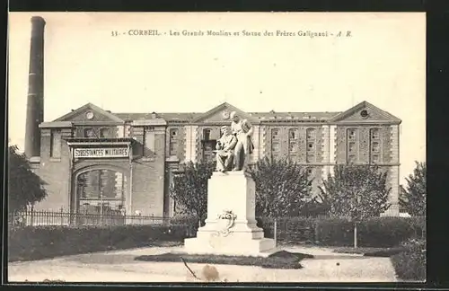 AK Corbeil, Les Grandes Moulins et Statue des Fréres Galignani
