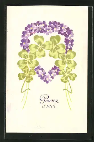 Präge-AK Herz aus Veilchen mit Glücksklee, Blumenbild
