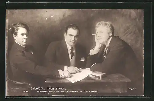 Künstler-AK Opernsänger Caruso, Chalapine und Titta Ruffo, Portrait von Tadé Styka, Salon 1913