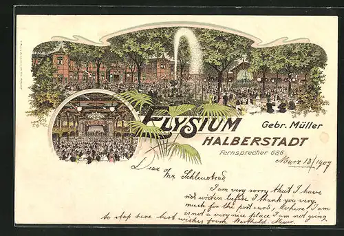 Lithographie Halberstadt, Gasthaus Elysium der Gebr. Müller
