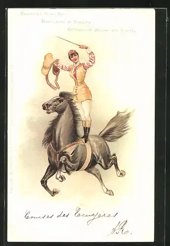 Lithographie Zirkus Barnum & Bailey, Akrobatin steht ohne Sattel auf dem Rücken ihres Pferdes