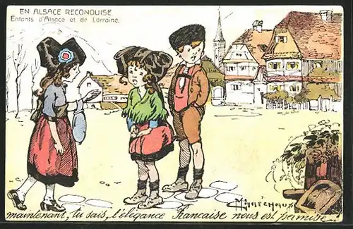 Künstler-AK Marechaux: En Alsace reconquise, enfants d`Alsace et de Lorraine, drei Kinder im Dorf