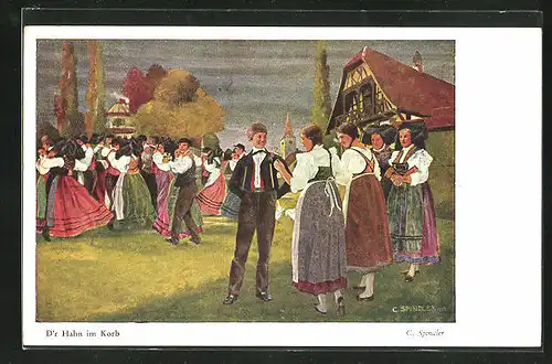 Künstler-AK sign. C. Spindler, D`r Hahn im Korb, tanzende Paare
