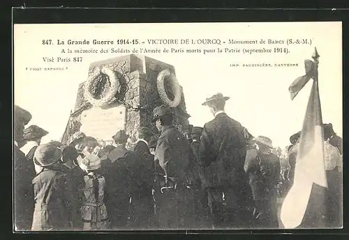 AK Barcy, La Grande Guerre 1914-15, Victoire de l'Ourcq, Monument, A la memoire des Soldats de l'Armee de Paris