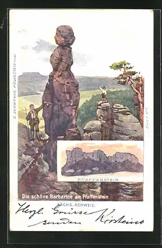 Lithographie Schwenke Ser. 1 Nr. 5, Die schöne Barbarineam Pfaffenstein, Berg mit Gesicht / Berggesicht, Berggesichter