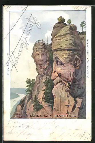 Lithographie Schwenke Ser. 1 Nr. 2, Basteifelsen, Berge mit Gesicht / Berggesichter