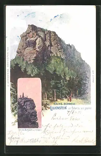 Lithographie Schwenke Ser. 1 Nr. 1, Sächs. Schweiz, Lilienstein und der alte Burgwart, Berg mit Gesicht / Berggesicht