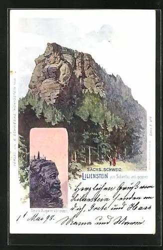 Lithographie Schwenke Ser. 1 Nr. 1, Sächs. Schweiz, Lilienstein von Bad Schandau und der alte Burgwart, Berggesichter