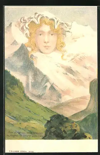Lithographie Killinger Nr. 111, Eine Jungfrau ohne Gleichen, Berg mit Gesicht / Berggesicht, Berggesichter