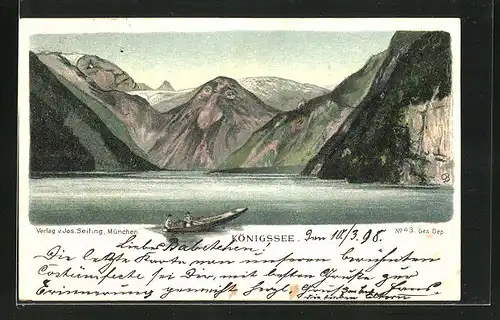 Lithographie Seiling Nr. 43, Königssee, Panorama mit Berg mit Gesicht / Berggesicht, Berggesichter