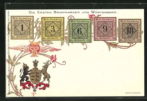 Lithographie Die ersten Briefmarken von Württemberg, Wappen