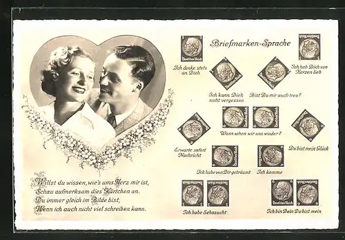 AK Briefmarkensprache, verliebtes Paar im Herz mit Briefmarken Theordor Heuss, Motivsätzen, Ich habe Sehnsucht