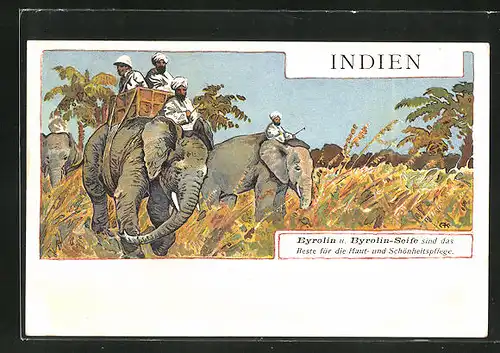 AK Werbung für Byrolin u. Byrolin-Seife, indische Elefanten mit Treiber und Passagieren