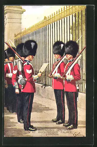 AK London, Changing Sentries at Buckingham Palace, britische Soldaten in Uniformen mit Gewehren