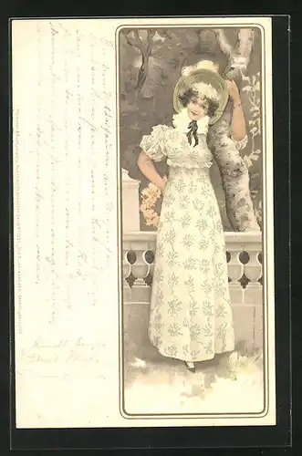 Lithographie Die 4 Jahreszeiten, junge Dame in Kleid mit Blumenmuster, Allegorie