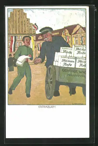 AK Alter mann mit Karren Paketen voller Pelikan-Tinte, Zeitungsjunge trägt das Extrablatt aus