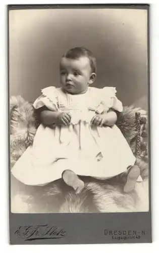 Fotografie E. G. Fr. Stolz, Dresden-N., Portrait kleines Mädchen im weissen Kleid auf Fell sitzend