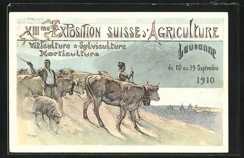 Künstler-AK Lausanne, VIII. Exposition Suisse d`Agriculture 1910, Almabtrieb des Viehs