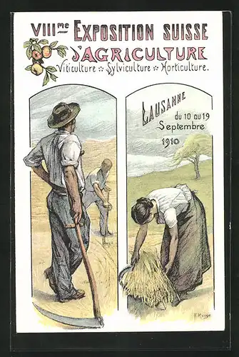 Künstler-AK Lausanne, VIII. Exposition Suisse d`Agriculture 1910, Bauern bei der Maht