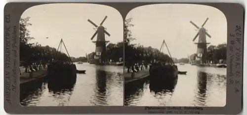 Stereo-Fotografie American Stereoscopic Co., New York, Ansicht Rotterdam, Schiff und Windmühle im & am Fluss