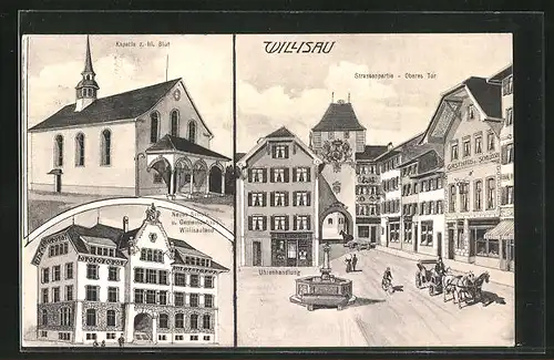 AK Willisau, Kapelle z. hl. Blut, Strassenpartie, Oberes Tor, Neues Schul- u. Gemeindehaus Willisauland