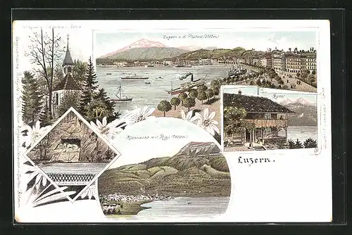 Lithographie Luzern, Ortsansicht mit Pilatus, Küssnacht mit Rigi, Rütli