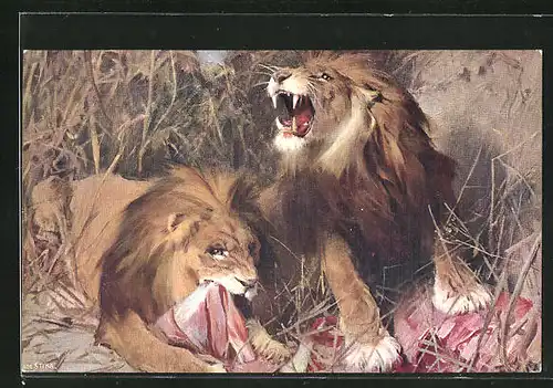 Künstler-AK Männliche Löwen an ihrer Beute
