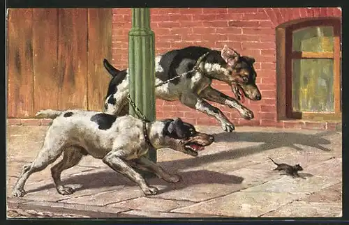 Künstler-AK Zwei Hunde jagen eine Maus