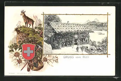 Passepartout-Lithographie Seelisberg, Gasthaus zum Rütli, Schweizer Wappen und Gemse
