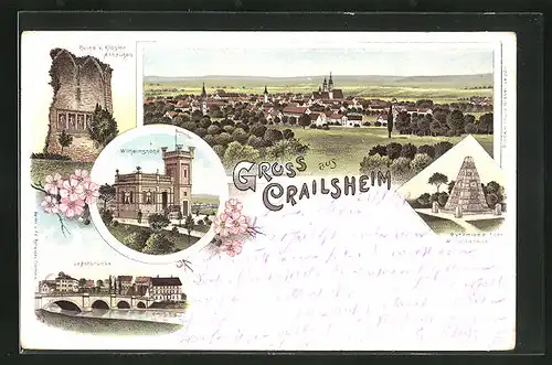 Lithographie Crailsheim, Ruine v. Kloster Anhausen, Jagstbrücke, Wilhelmshöhe, Pyramide auf der Wilhelmshöhe