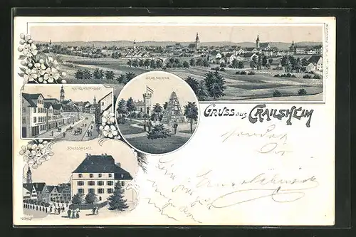Lithographie Crailsheim, Wilhelmshöhe, Wilhelmstrasse, Schlossplatz, Ortsansicht