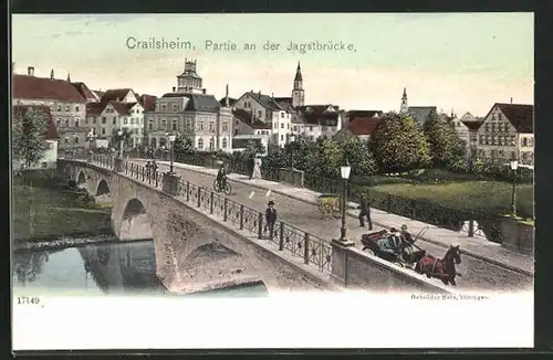 AK Crailsheim, Partie an der Jagstbrücke mit Kutsche und Kirchturm