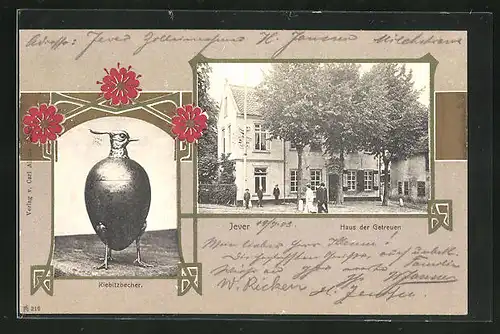 Passepartout-AK Jever, Haus der Getreuen, Kiebitzbecher, Blumen und Goldelemente