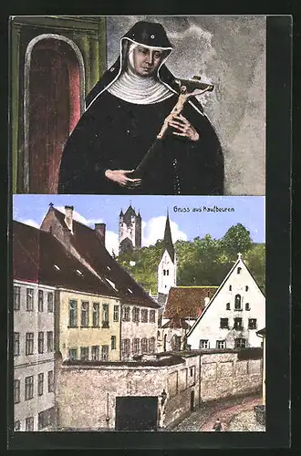 AK Kaufbeuren, Teilansicht mit Blick zur Kirche, Nonne mit Kruzifix