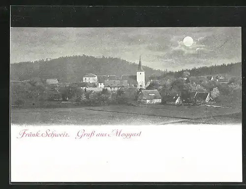 Mondschein-AK Moggast, Blick auf die Ortschaft