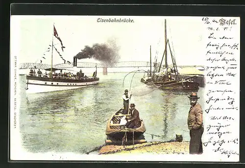 AK Wesel, Eisenbahnbrücke, Dampfschiff, Fischerboot mit Netz