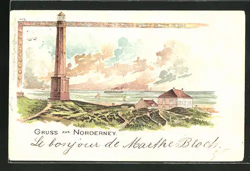 Lithographie Norderney, Leuchtturm und Blick aufs Meer, Dampfschiff