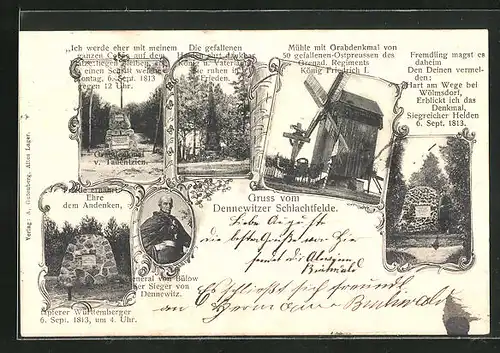 AK Dennewitz, Mühle mit Grabdenkmal, Denkmal Siegreicher Helden 1813, General von Bülow-Portrait