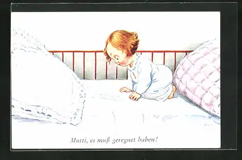 Künstler-AK John Wills: Mädchen hat einen Fleck im Bett, Mutti, es muss geregnet haben!