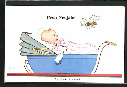 Künstler-AK John Wills: Baby im Kinderwagen und Biene, Neujahrsgruss