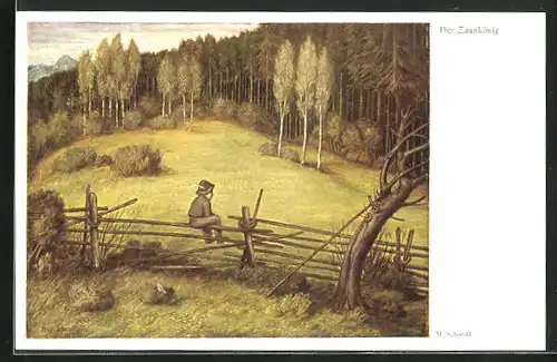 Künstler-AK Matthäus Schiestl: Der Zaunkönig, kleiner Junge auf einem Zaun sitzend