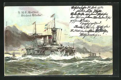 Präge-Künstler-AK Willy Stoewer: Kriegsschiff S. M. S. Kurfürst Friedrich Wilhelm vor der Küste