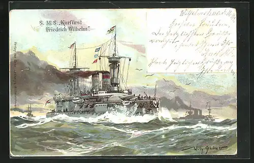 Präge-Künstler-AK Willy Stoewer: Kriegsschiff S. M. S. Kurfürst Friedrich Wilhelm in voller Fahrt
