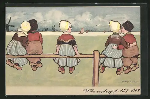 Künstler-AK Ethel Parkinson: Niederländische Kinder in Tracht auf Zaun