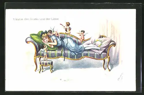Künstler-AK Friedrich Kaskeline: Träume des Glücks und der Liebe, Englein beschützen auf der Couch schlafende Dame