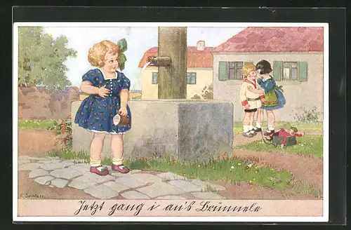 Künstler-AK Franz Jüchtzer: Mädchen am Brunnen beobachtet die flüsternden Freundinnen